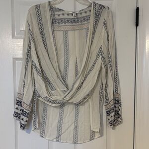 Into brand Women's Cream and Blue Patterned Top. Size 8